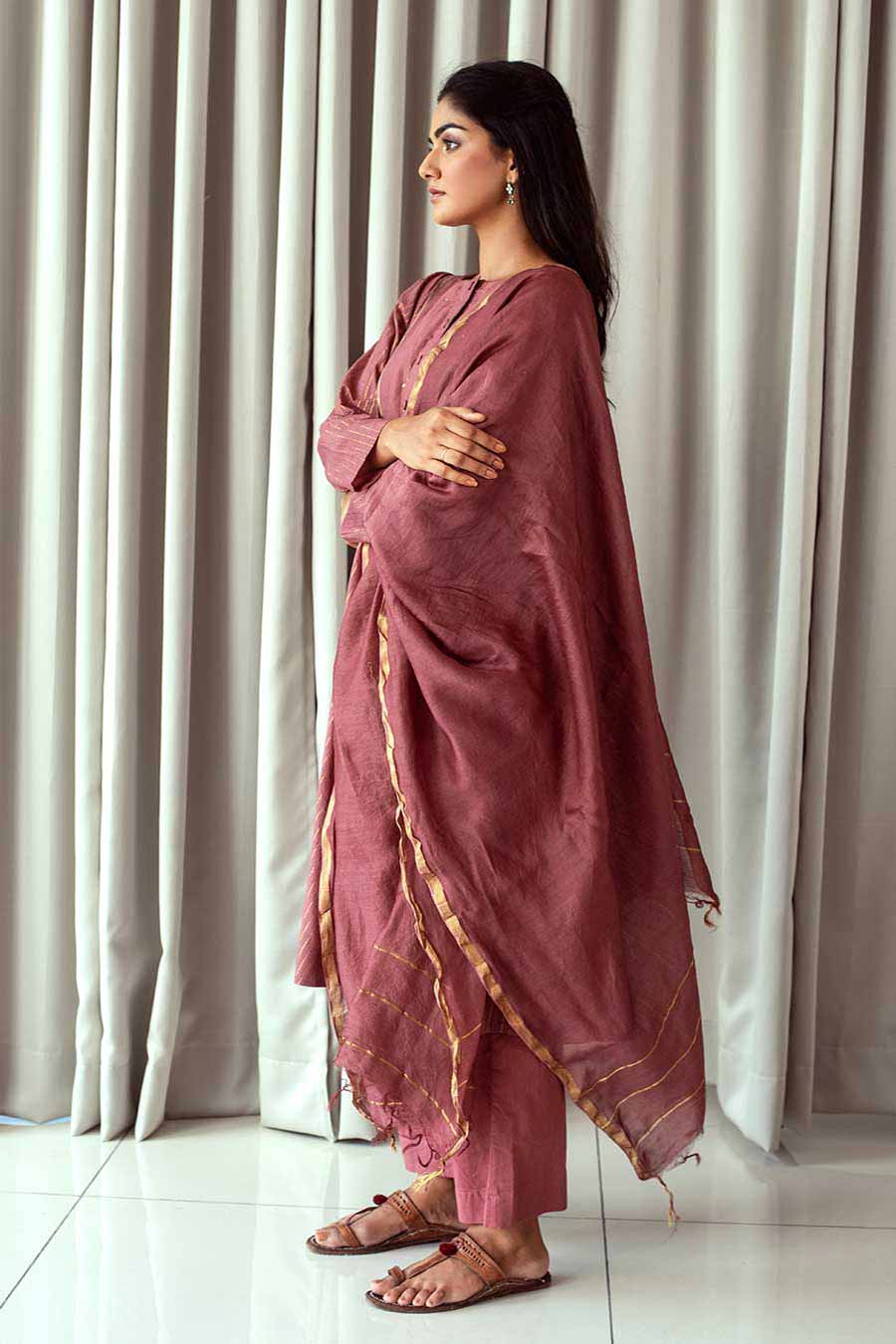 Rouge Pink & Gold Handloom Kurta Set (Set of 3)