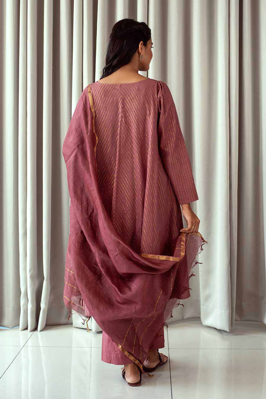Rouge Pink & Gold Handloom Kurta Set (Set of 3)