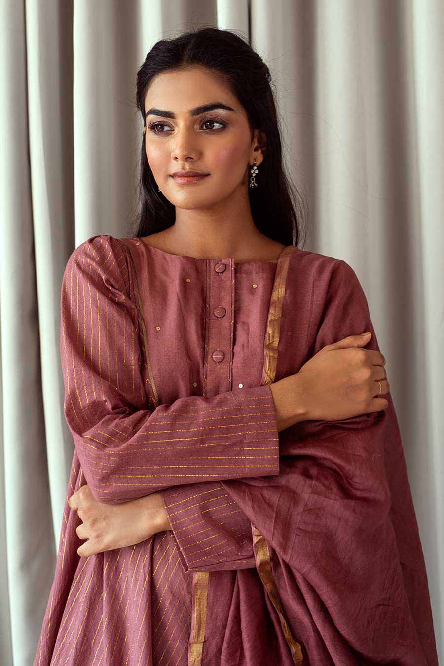 Rouge Pink & Gold Handloom Kurta Set (Set of 3)