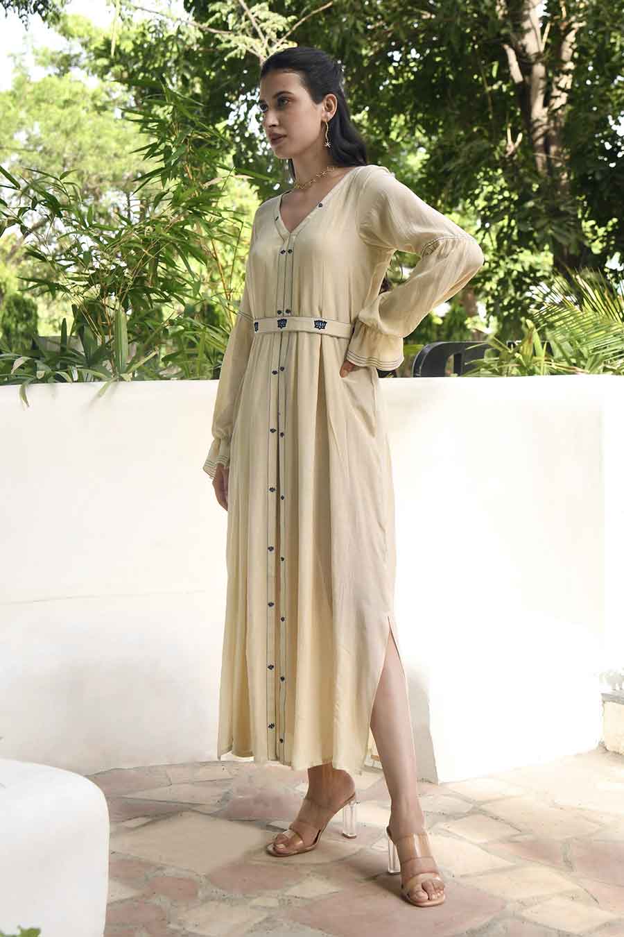 Soothing Pearl Embroidered Silk Dress With Belt