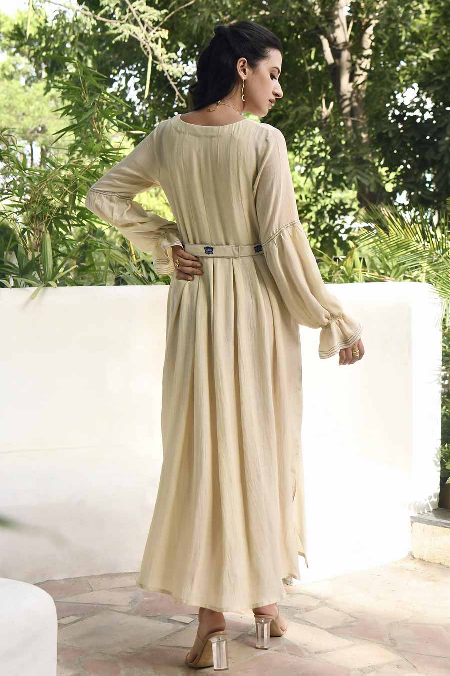 Soothing Pearl Embroidered Silk Dress With Belt