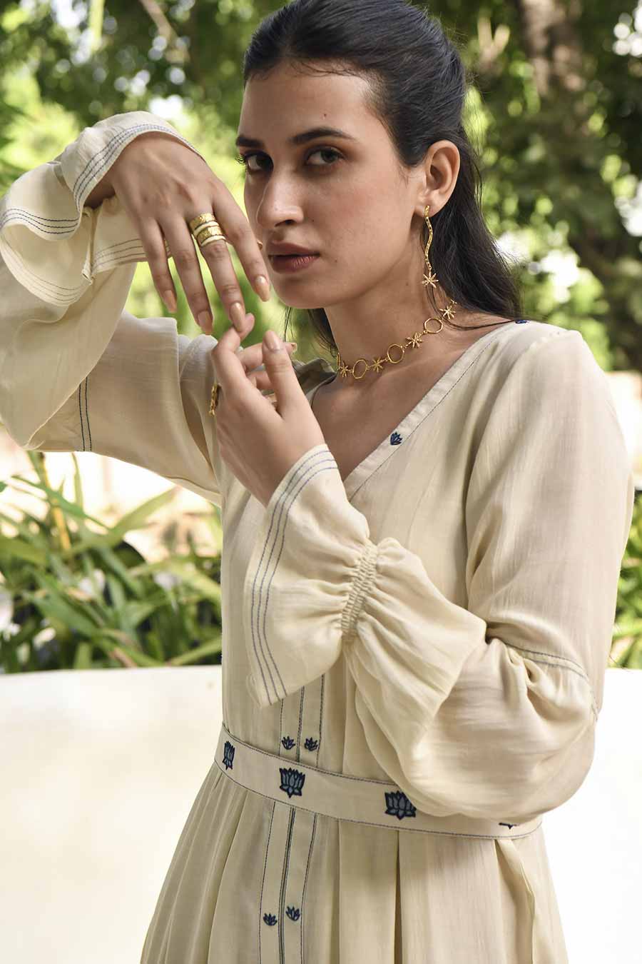 Soothing Pearl Embroidered Silk Dress With Belt