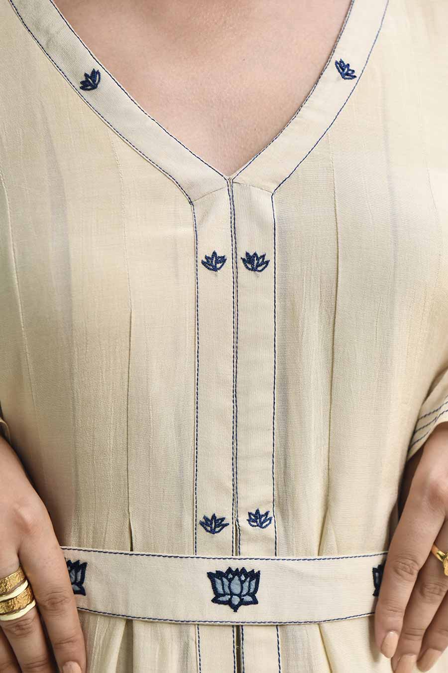 Soothing Pearl Embroidered Silk Dress With Belt