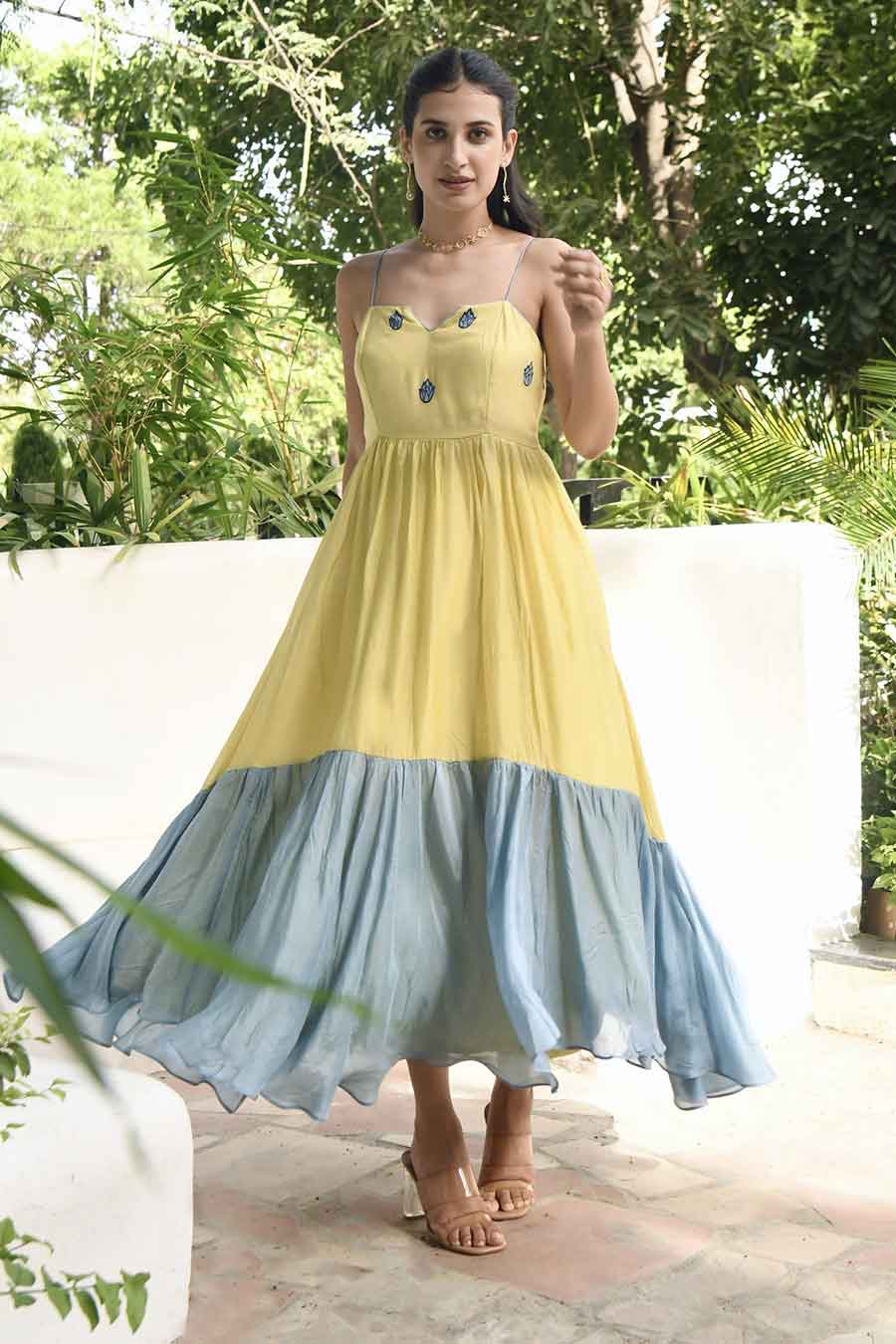 Yellow & Blue Embroidered Strappy Silk Dress