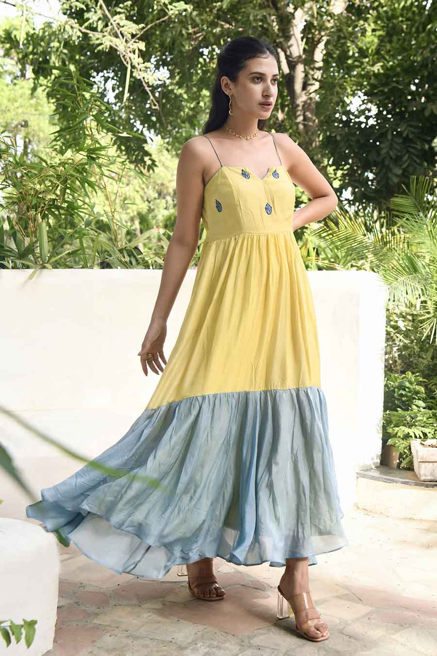 Yellow & Blue Embroidered Strappy Silk Dress