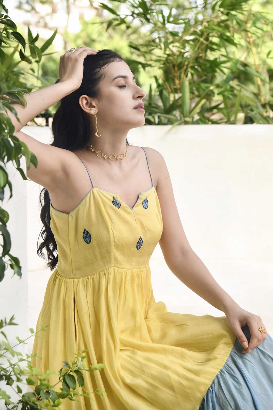 Yellow & Blue Embroidered Strappy Silk Dress