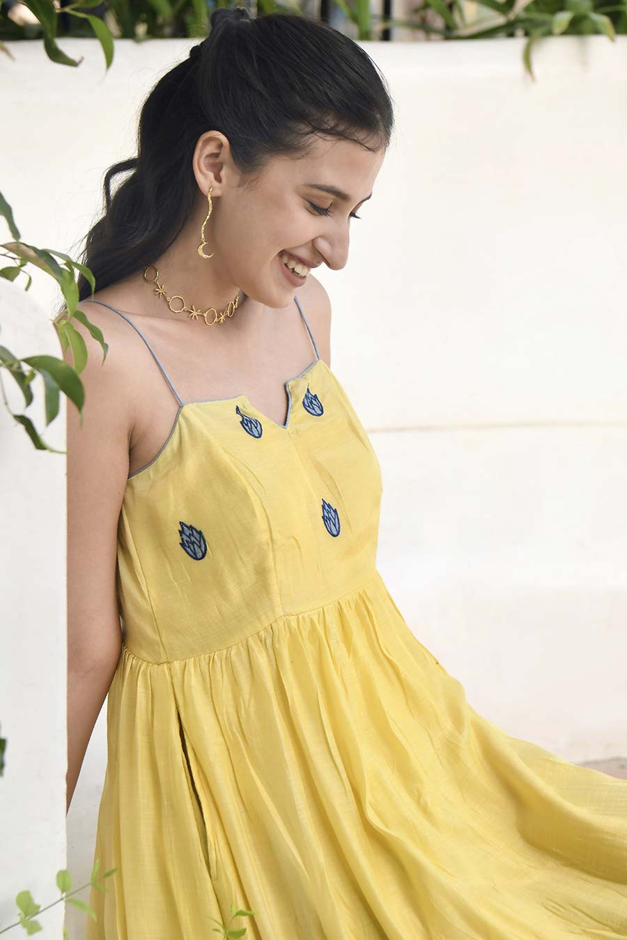 Yellow & Blue Embroidered Strappy Silk Dress