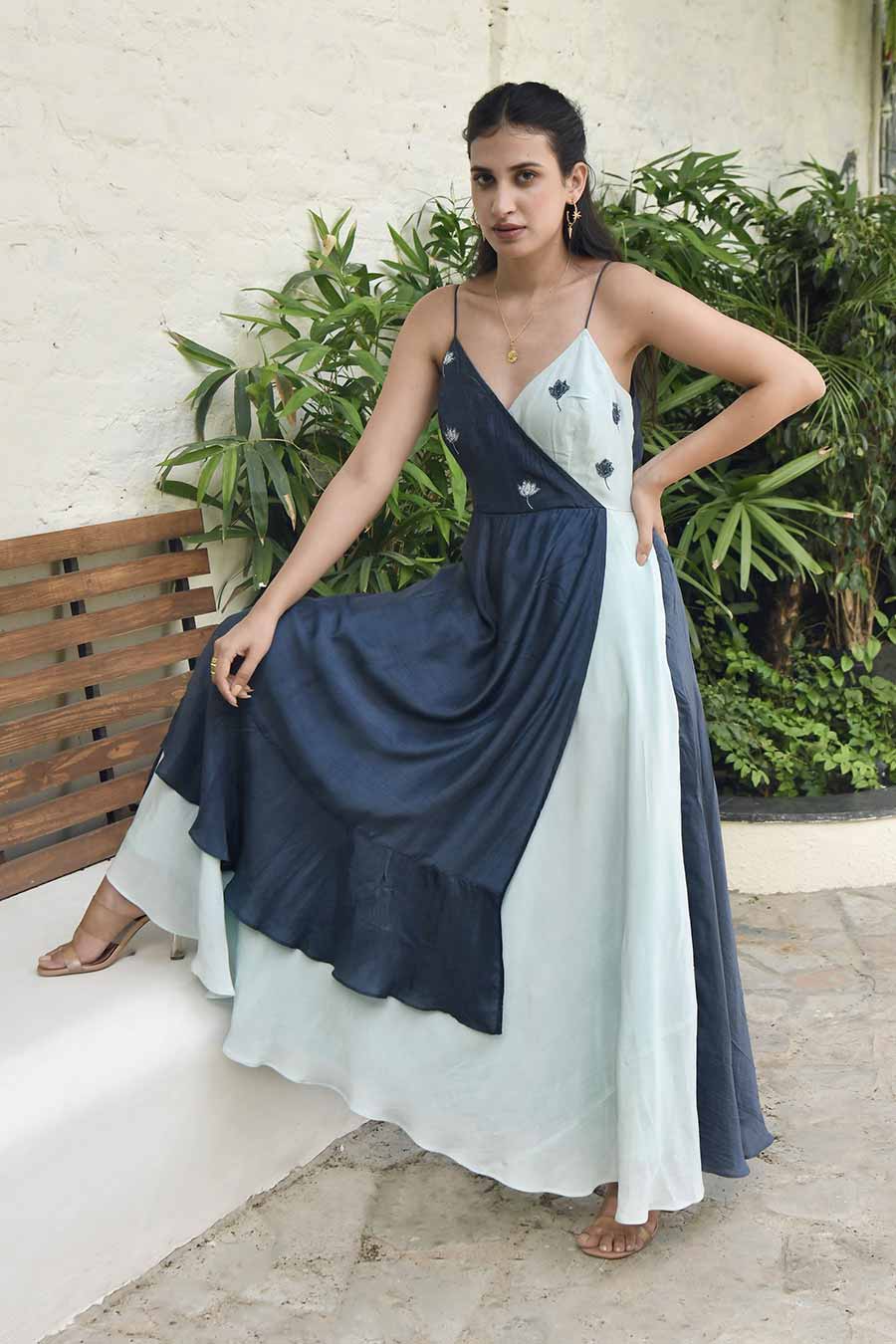 Dark Sky Blue Overlap Embroidered Dress