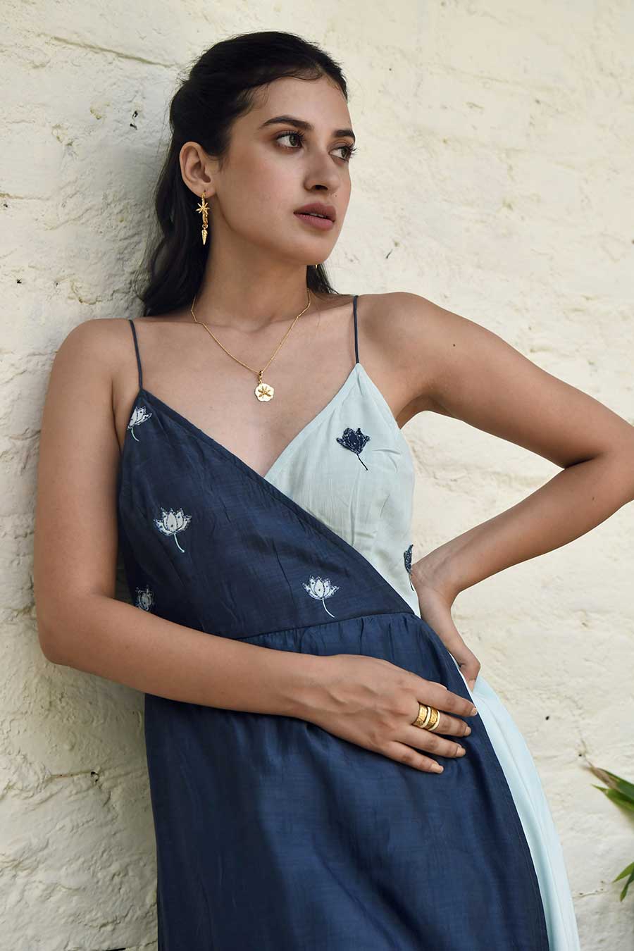 Dark Sky Blue Overlap Embroidered Dress