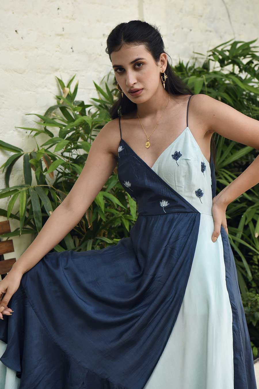 Dark Sky Blue Overlap Embroidered Dress