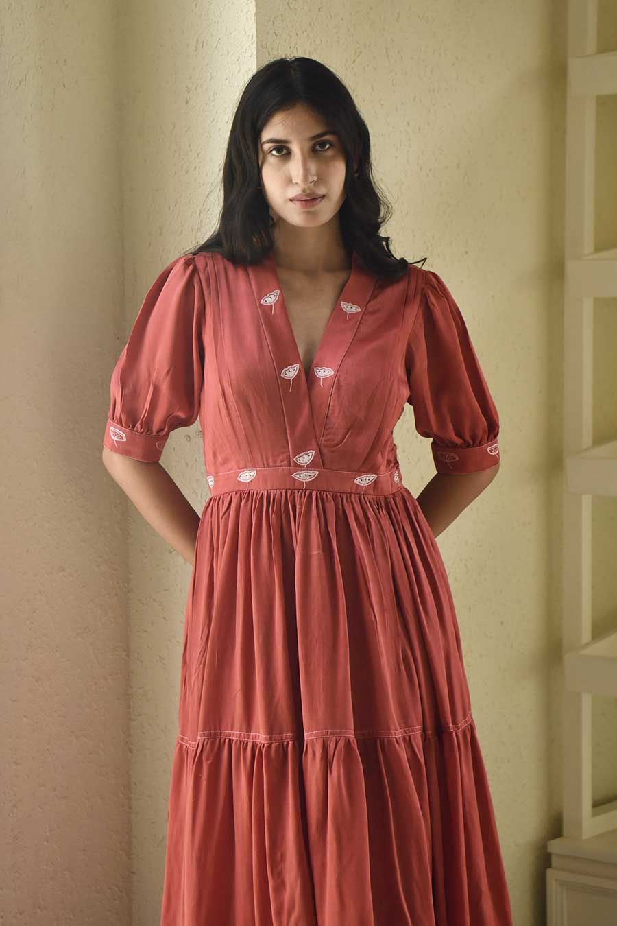 Lotus & Poppy Red Embroidered Dress