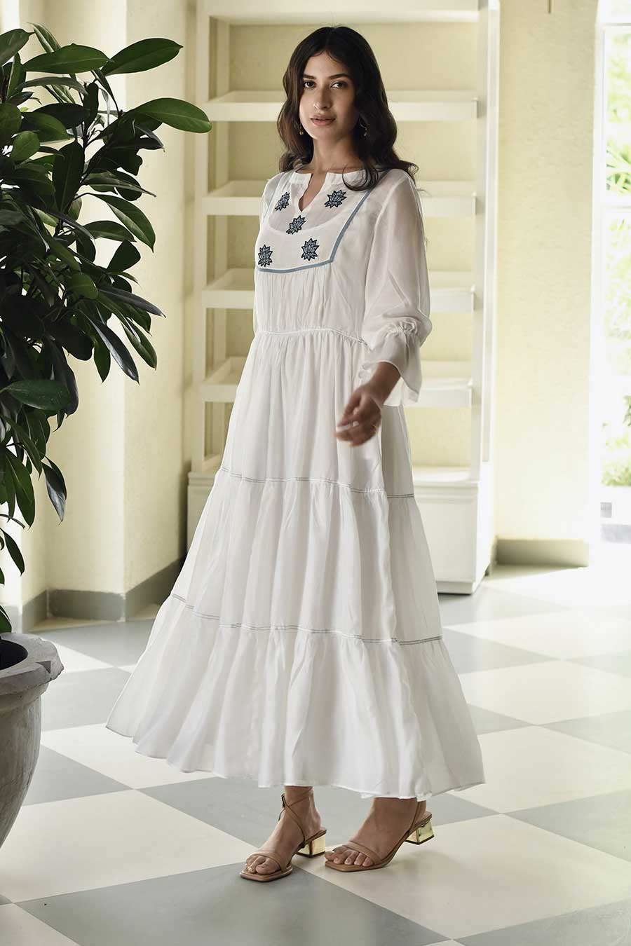 Blue Magnolia Embroidered White Silk Dress