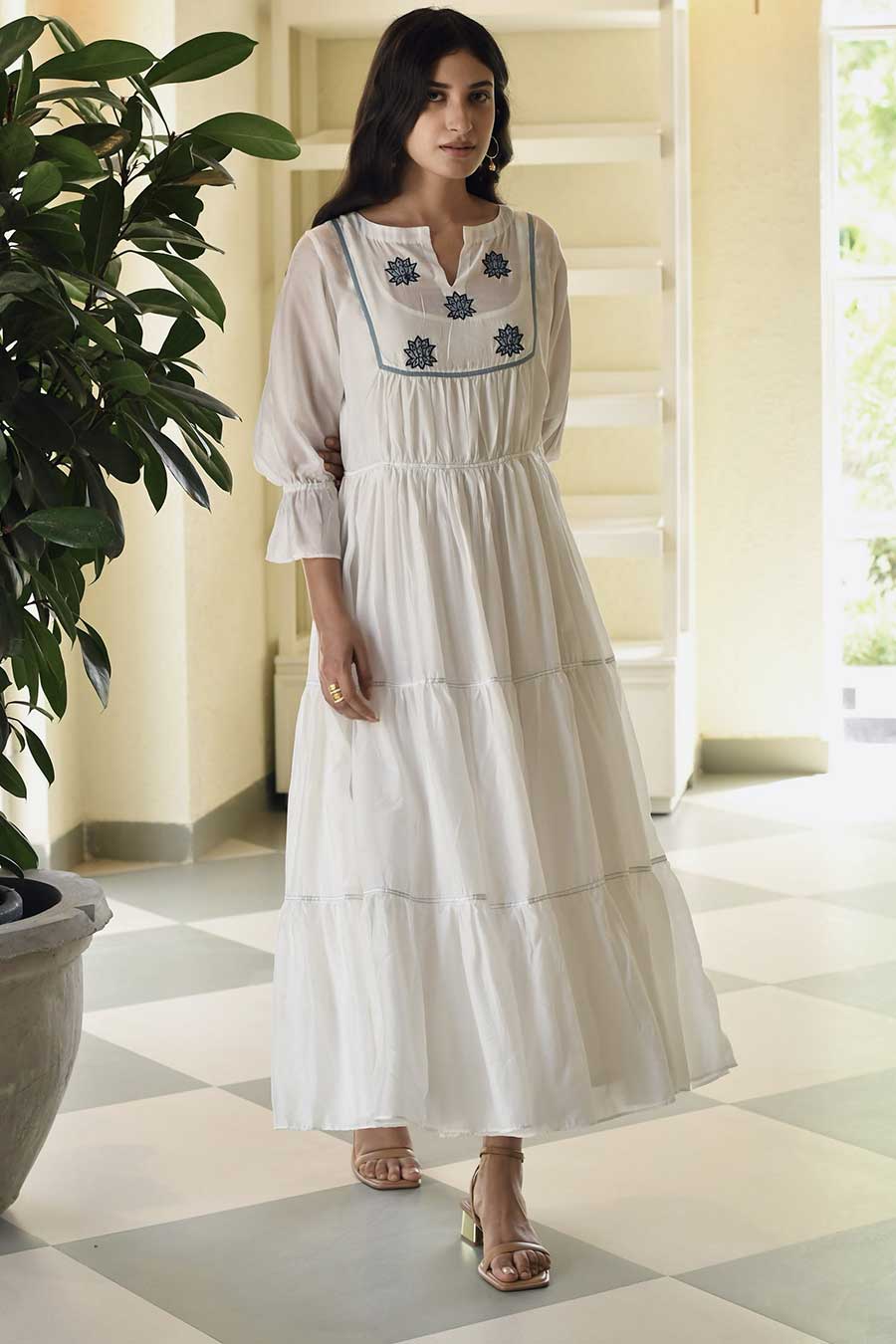 Blue Magnolia Embroidered White Silk Dress