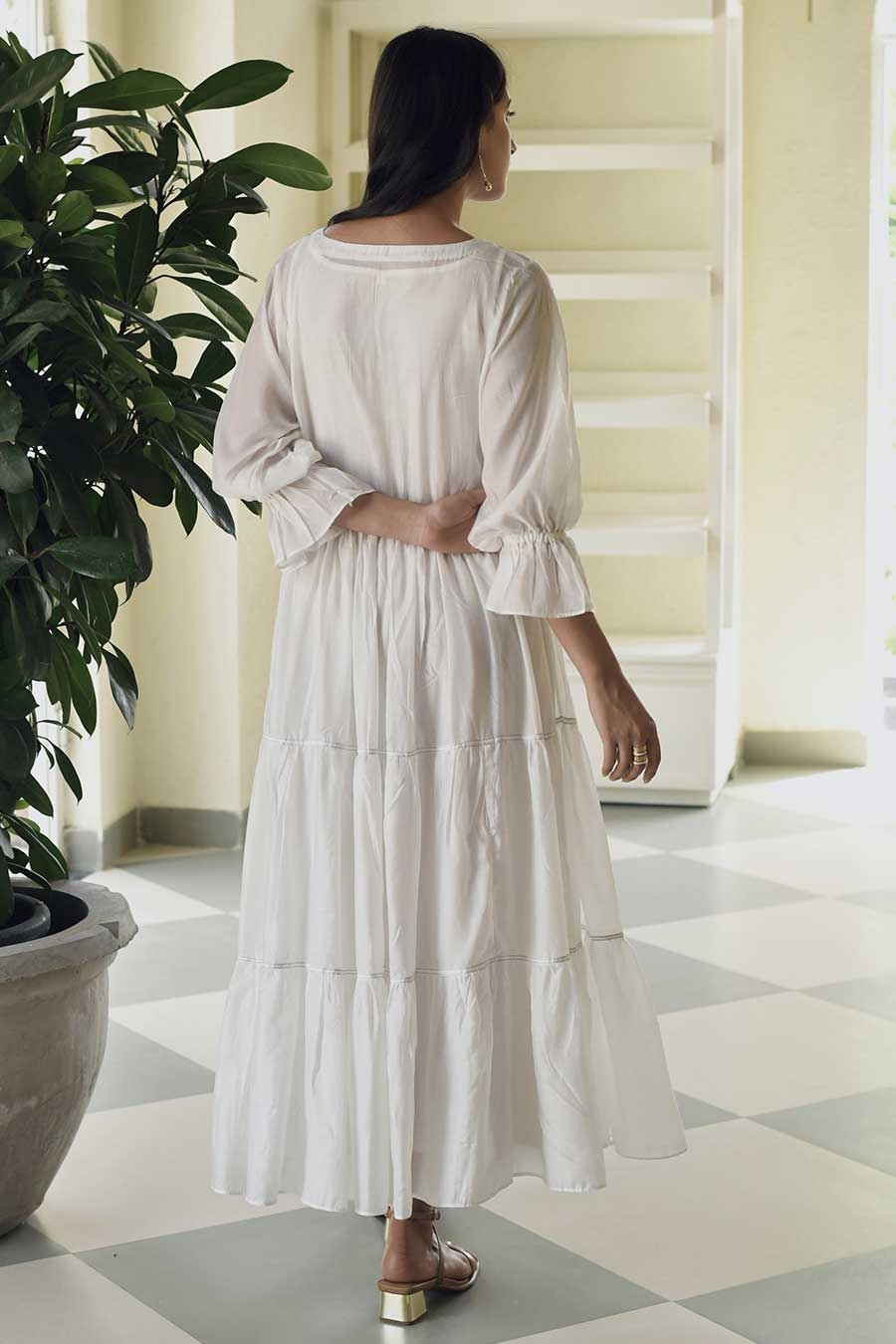 Blue Magnolia Embroidered White Silk Dress