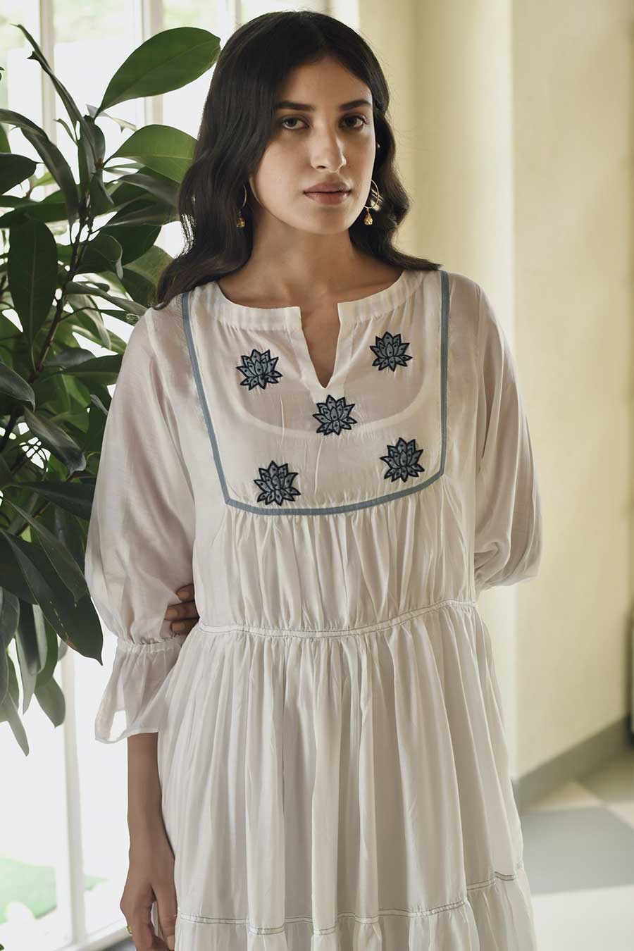 Blue Magnolia Embroidered White Silk Dress