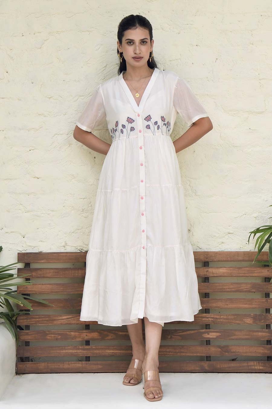 Floral Garden Embroidered White Silk Shirt Dress