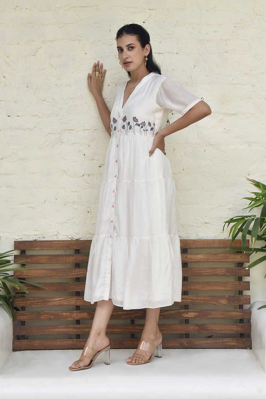 Floral Garden Embroidered White Silk Shirt Dress