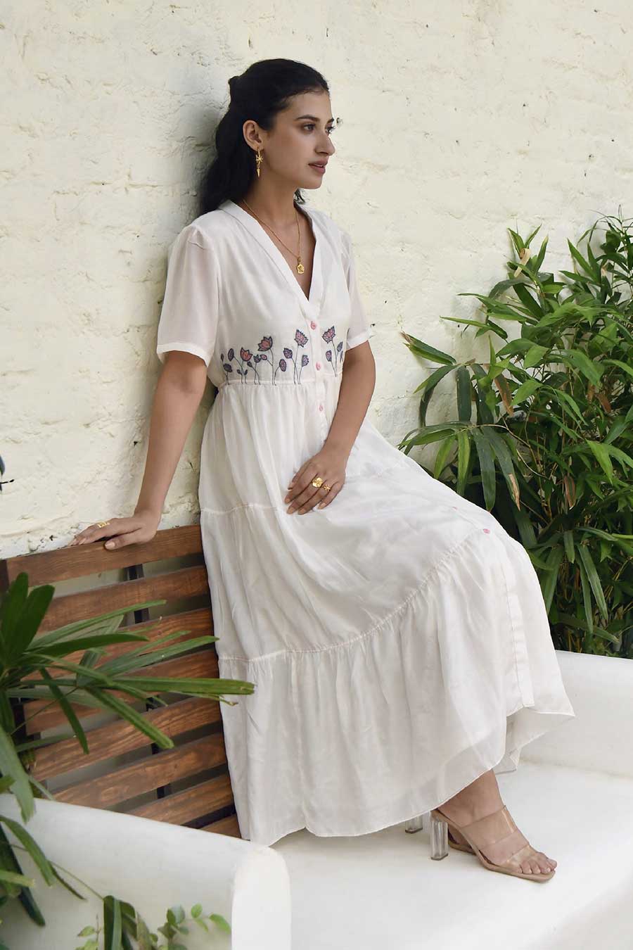 Floral Garden Embroidered White Silk Shirt Dress