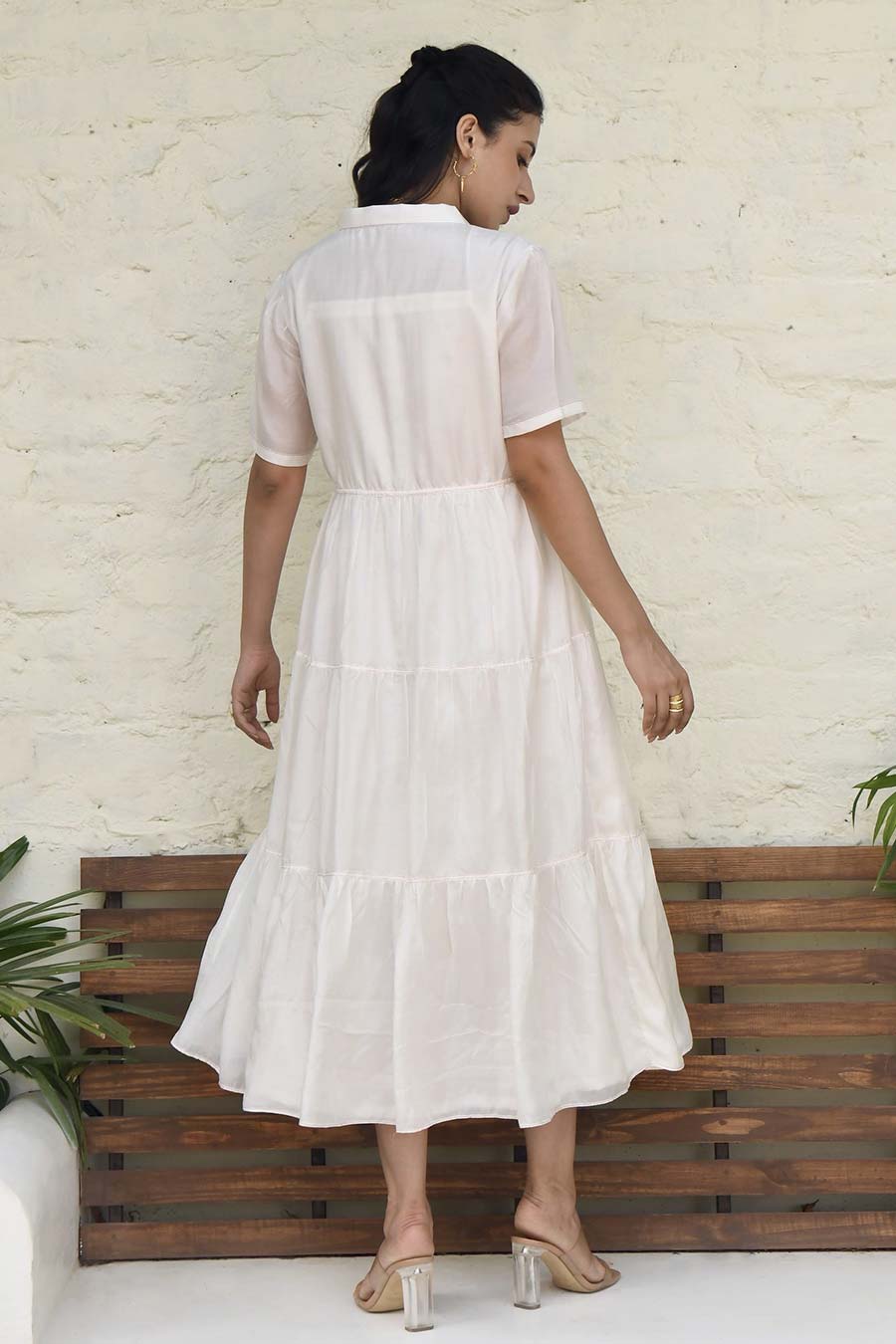 Floral Garden Embroidered White Silk Shirt Dress