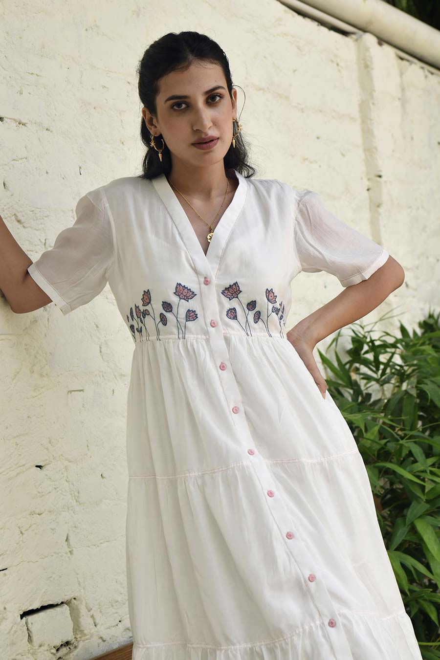 Floral Garden Embroidered White Silk Shirt Dress
