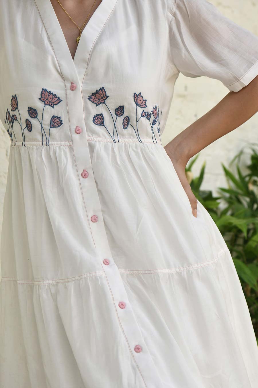 Floral Garden Embroidered White Silk Shirt Dress