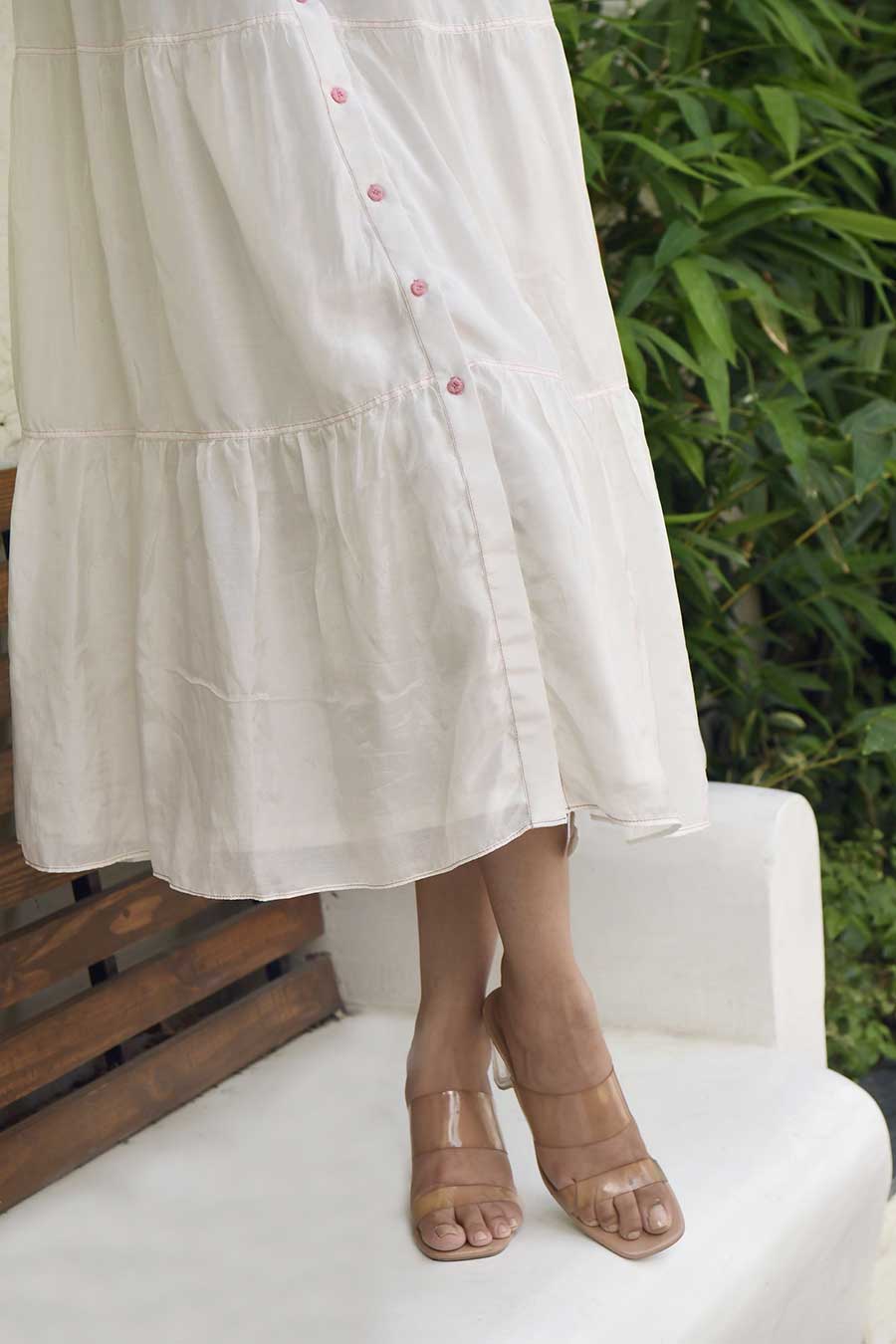 Floral Garden Embroidered White Silk Shirt Dress