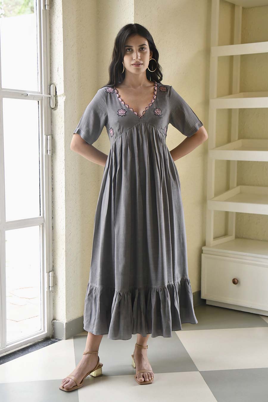 Ashed Lily Embroidered Grey Silk Dress