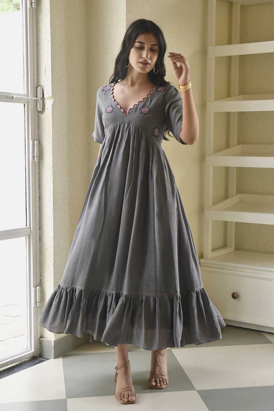 Ashed Lily Embroidered Grey Silk Dress