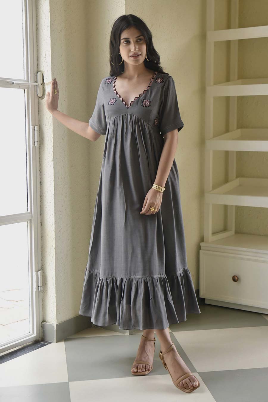 Ashed Lily Embroidered Grey Silk Dress