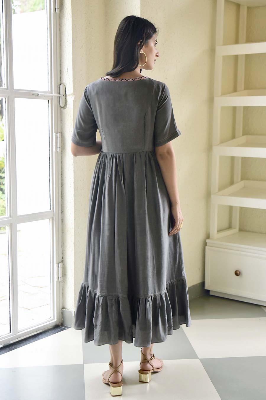 Ashed Lily Embroidered Grey Silk Dress