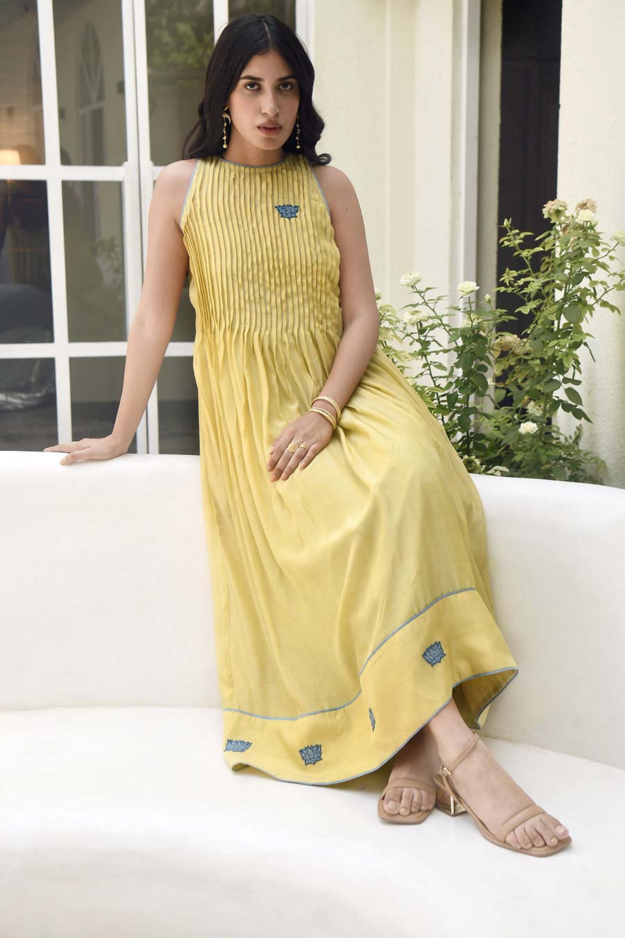 Oyster Yellow Embroidered Silk Dress