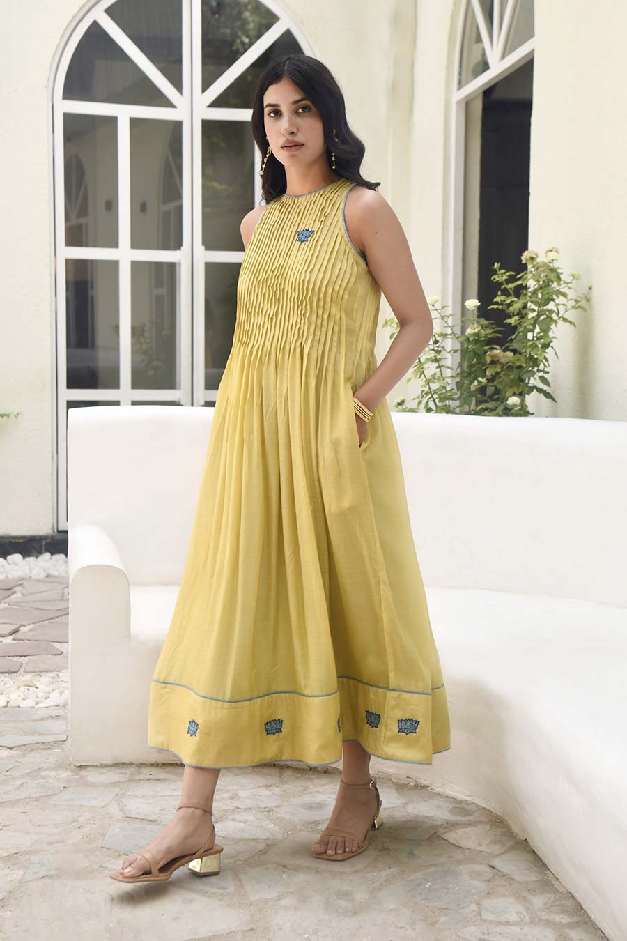 Oyster Yellow Embroidered Silk Dress