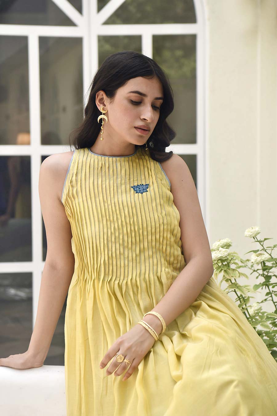 Oyster Yellow Embroidered Silk Dress