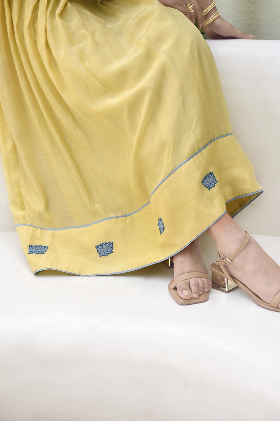 Oyster Yellow Embroidered Silk Dress