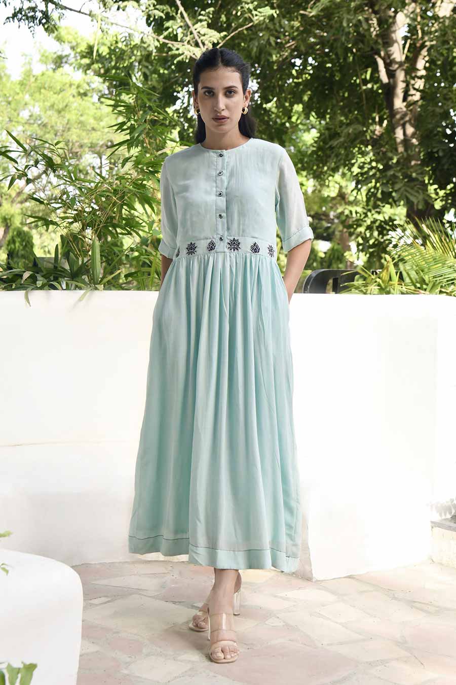 Dreamy Morning Embroidered Blue Silk Dress