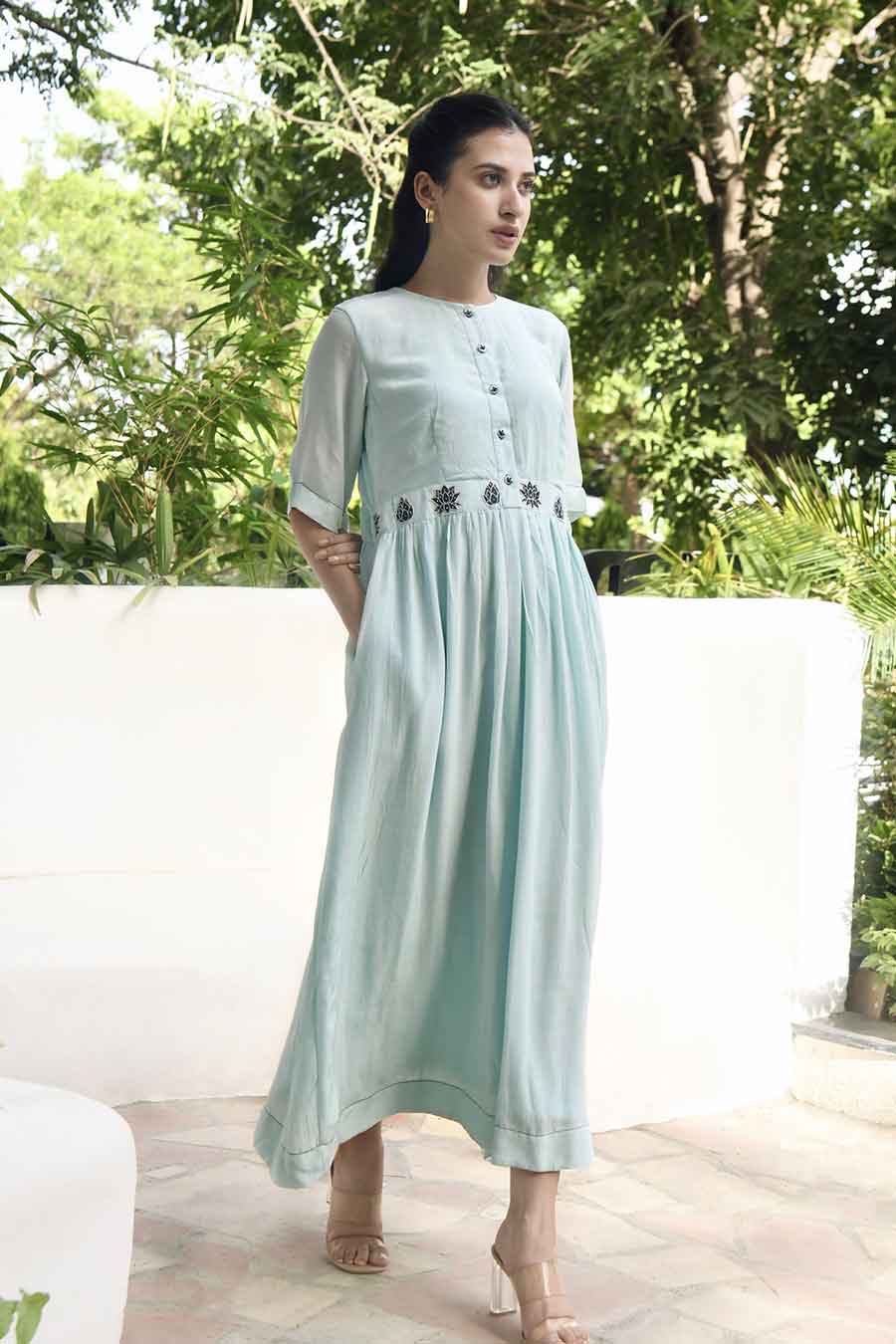 Dreamy Morning Embroidered Blue Silk Dress