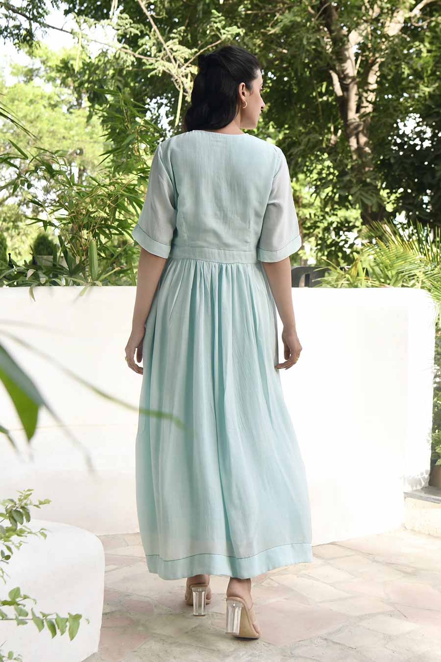 Dreamy Morning Embroidered Blue Silk Dress