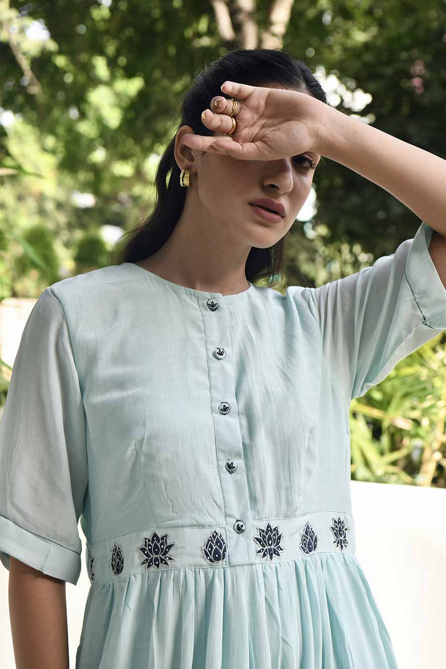 Dreamy Morning Embroidered Blue Silk Dress