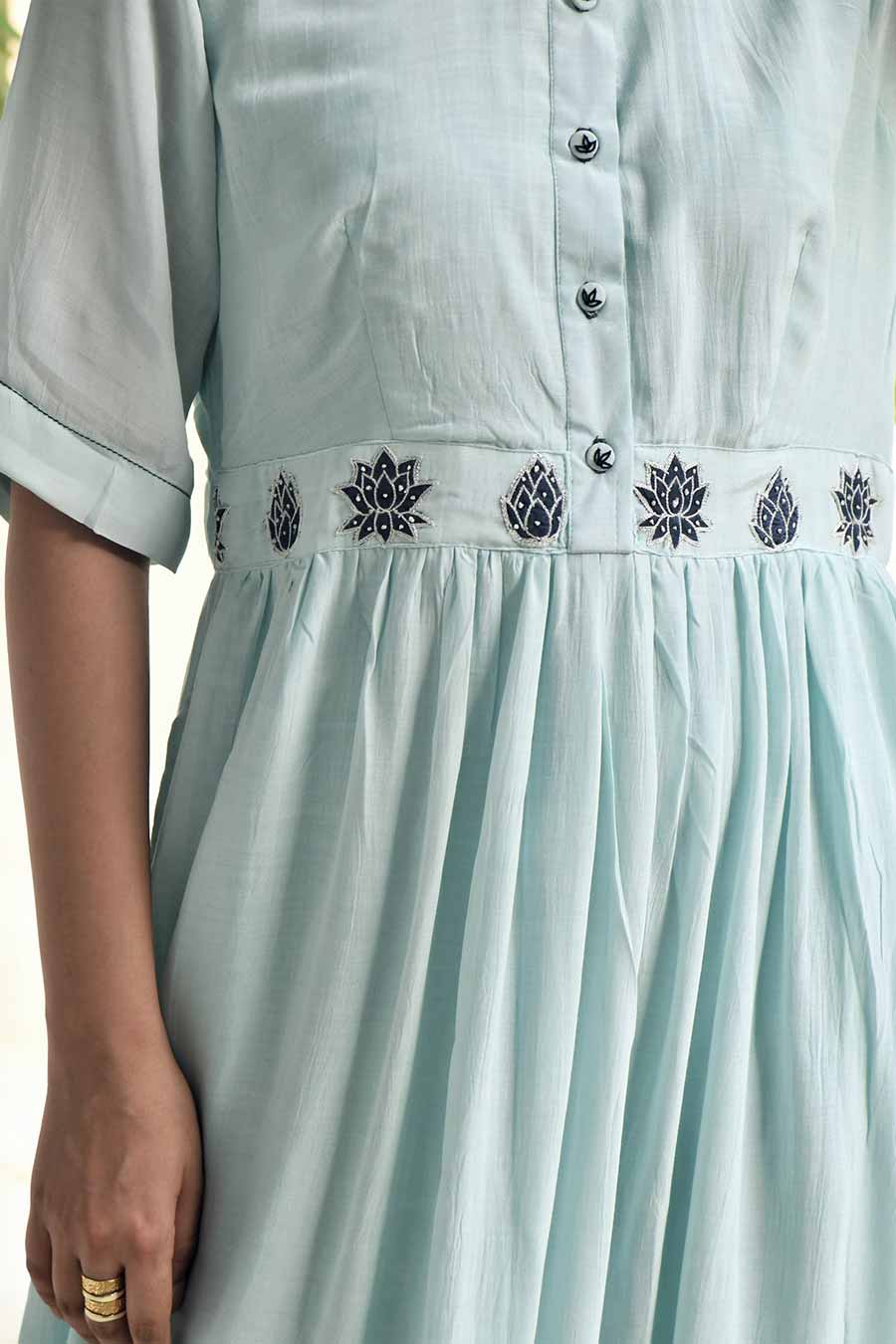 Dreamy Morning Embroidered Blue Silk Dress