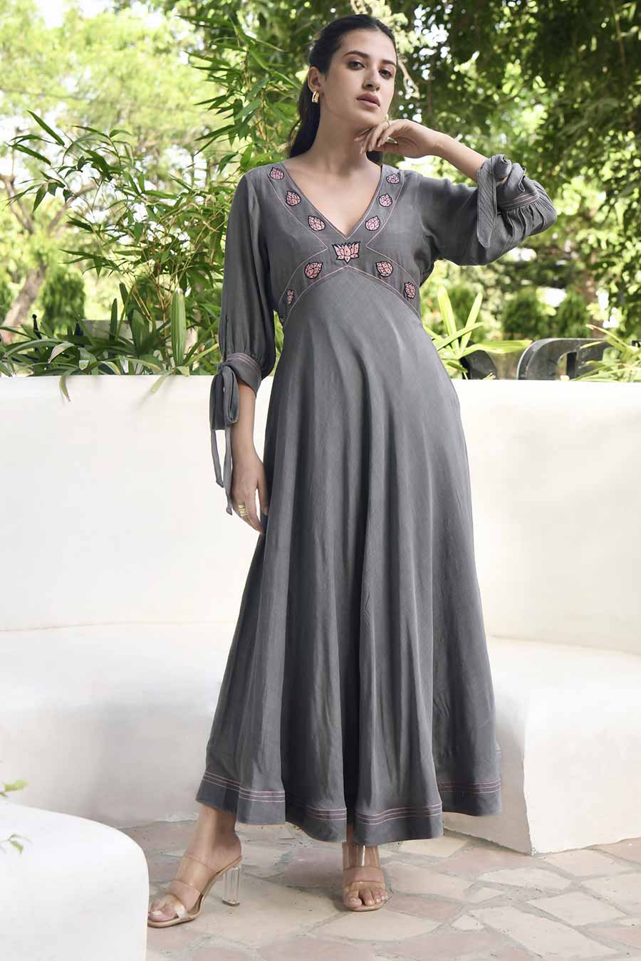Smoked Grey Embroidered Silk Dress