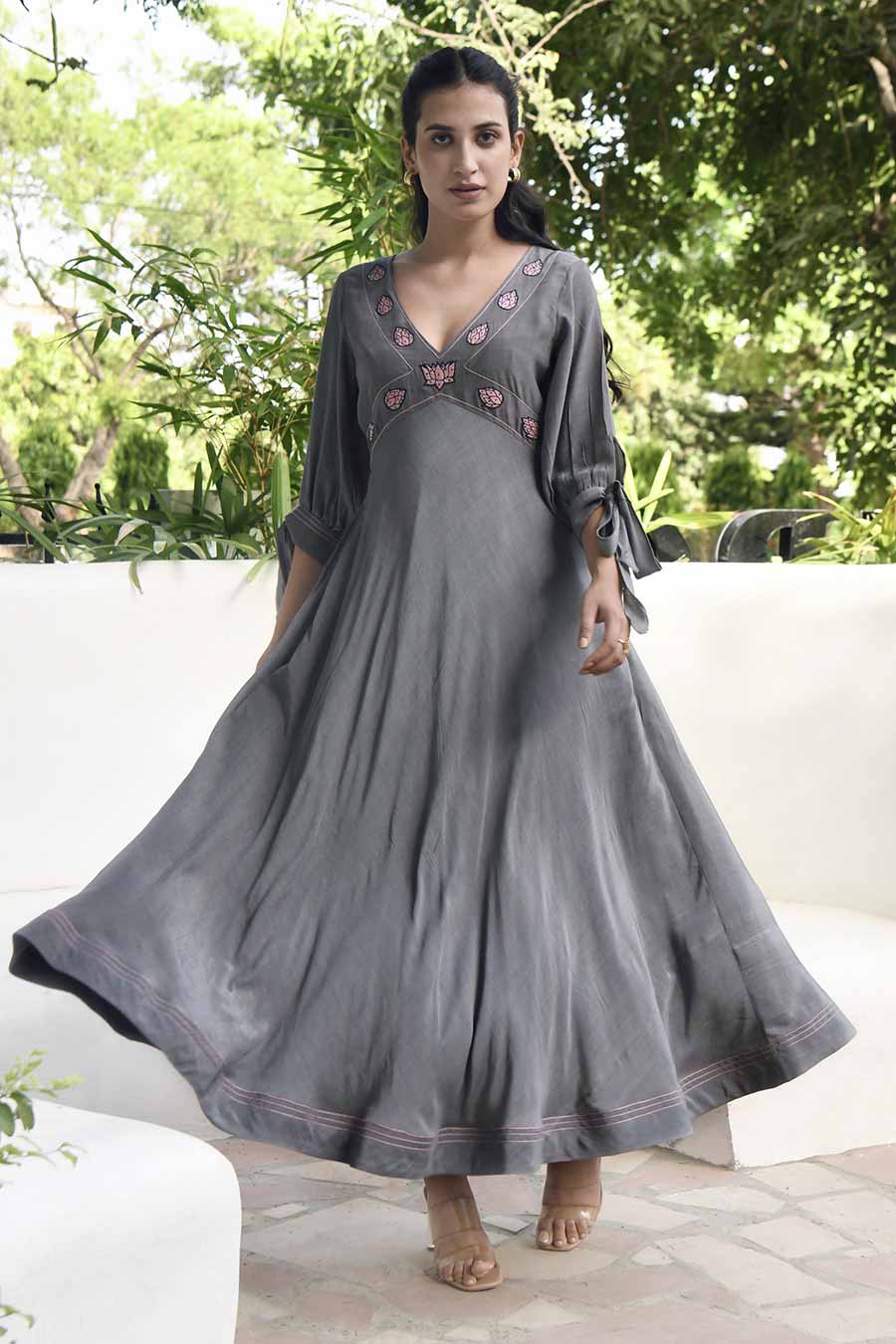Smoked Grey Embroidered Silk Dress