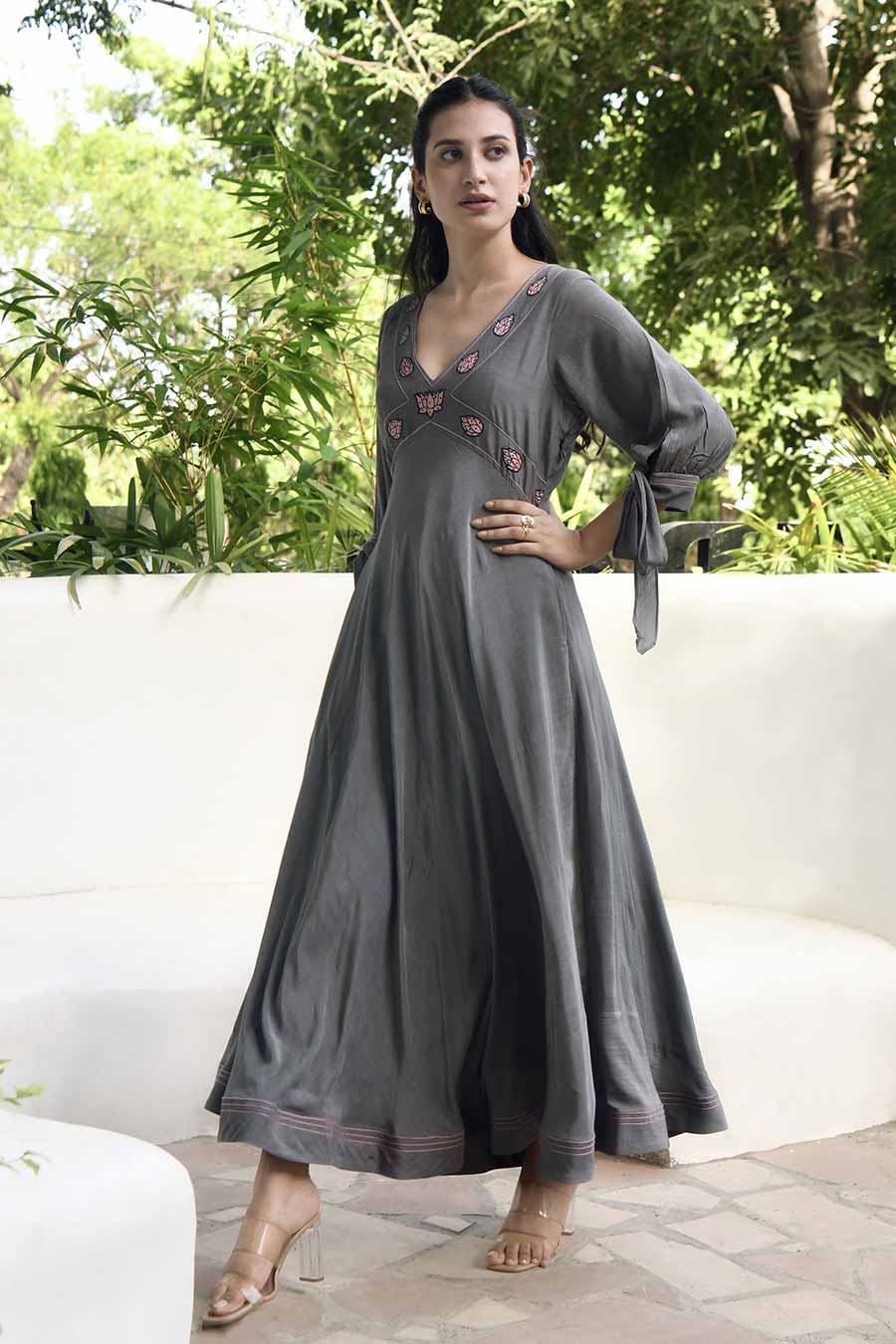 Smoked Grey Embroidered Silk Dress