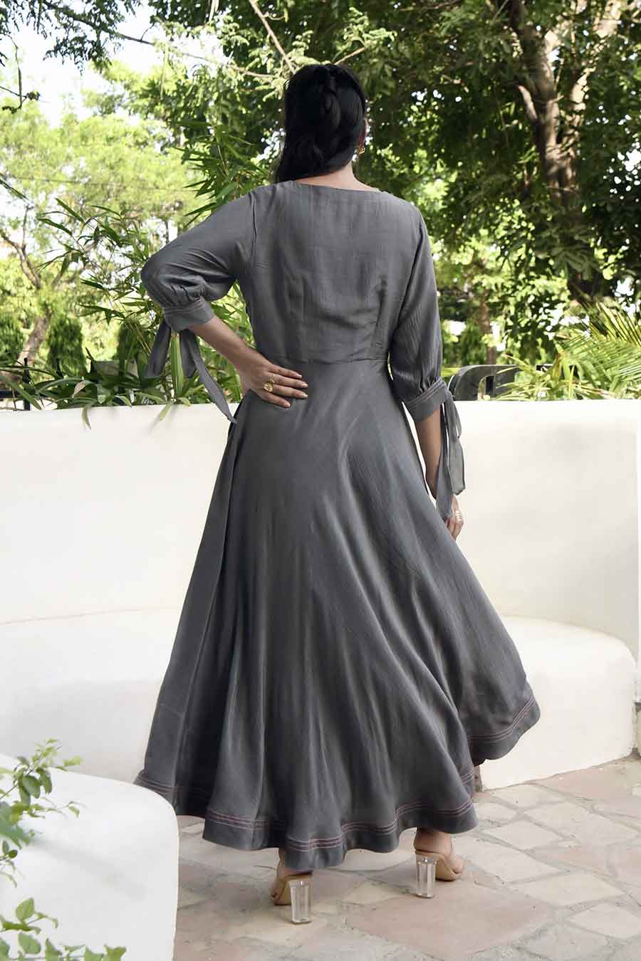 Smoked Grey Embroidered Silk Dress