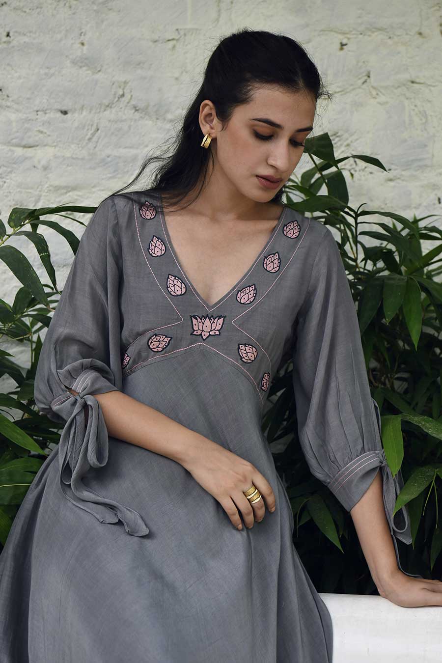 Smoked Grey Embroidered Silk Dress