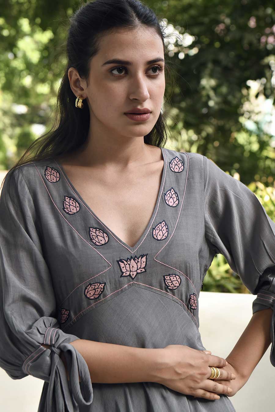 Smoked Grey Embroidered Silk Dress