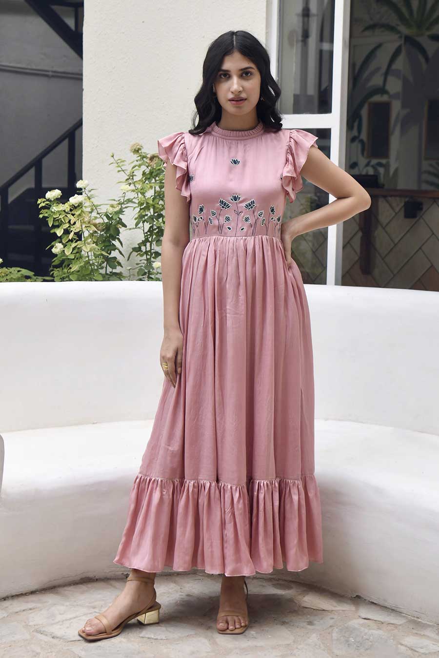 Coral Pink Two-Tier Embroidered Dress