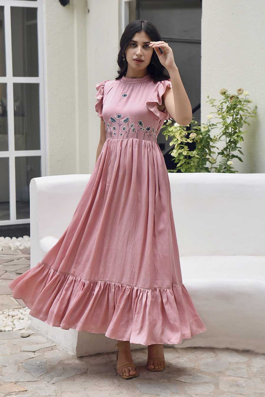 Coral Pink Two-Tier Embroidered Dress