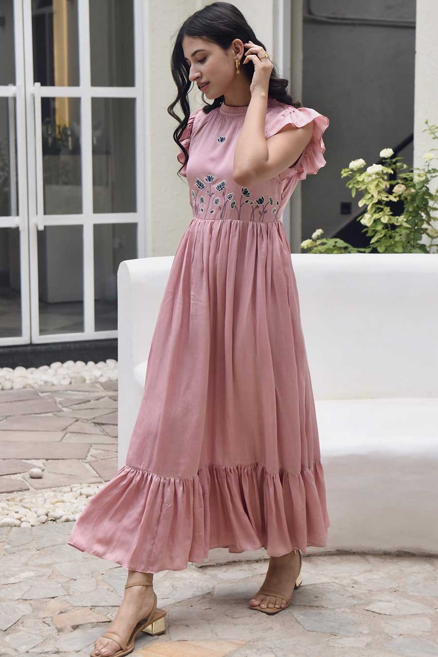 Coral Pink Two-Tier Embroidered Dress