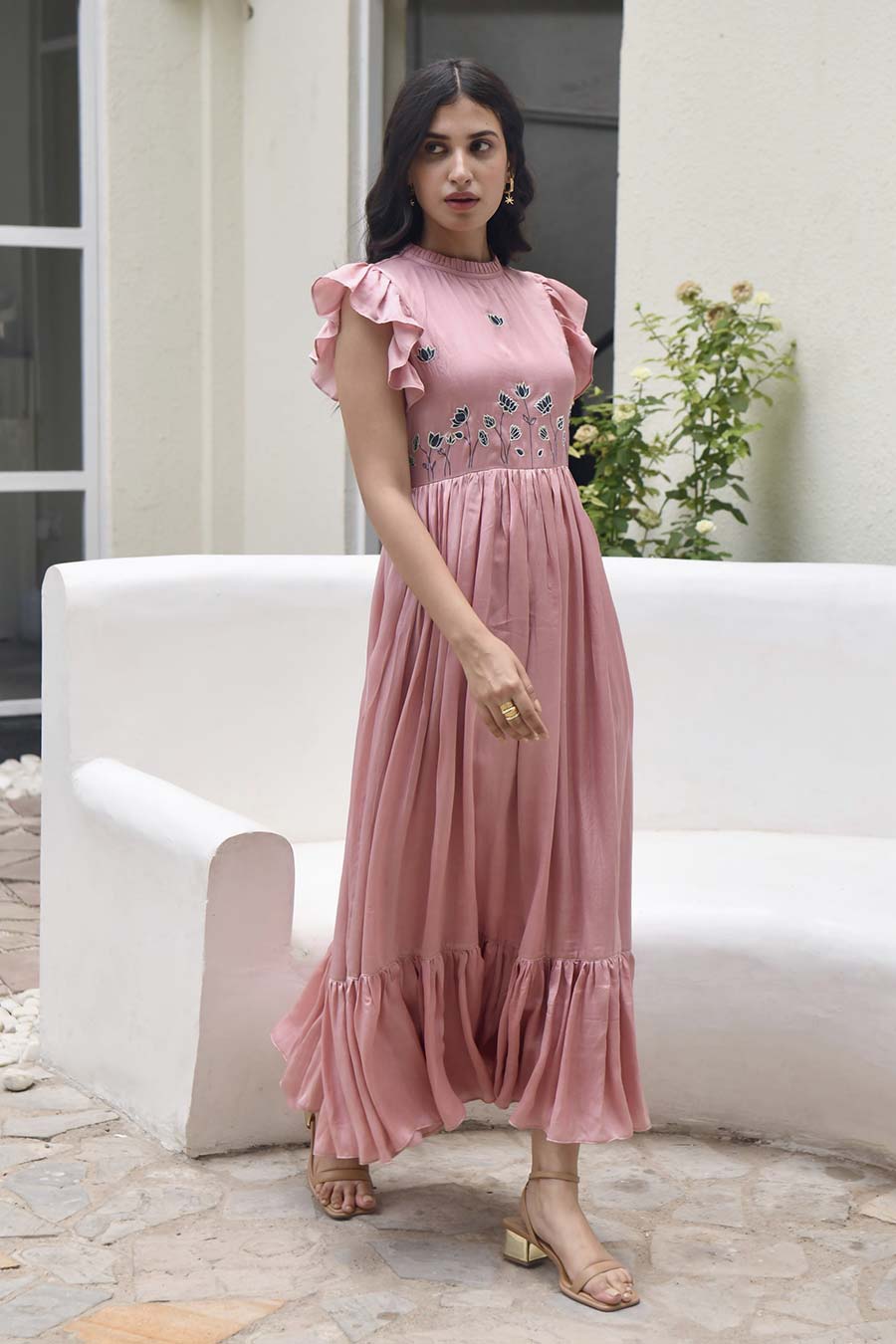 Coral Pink Two-Tier Embroidered Dress