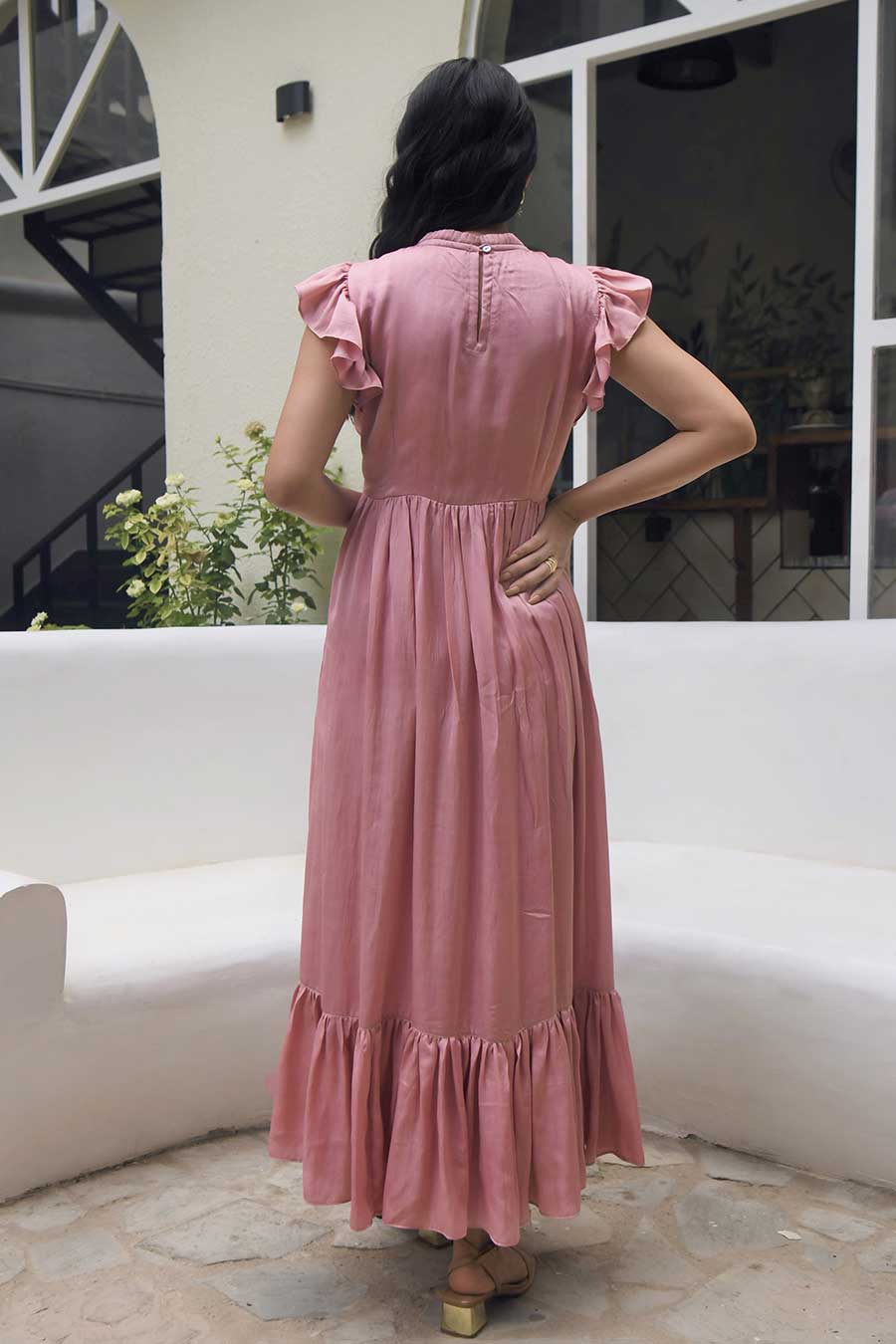 Coral Pink Two-Tier Embroidered Dress